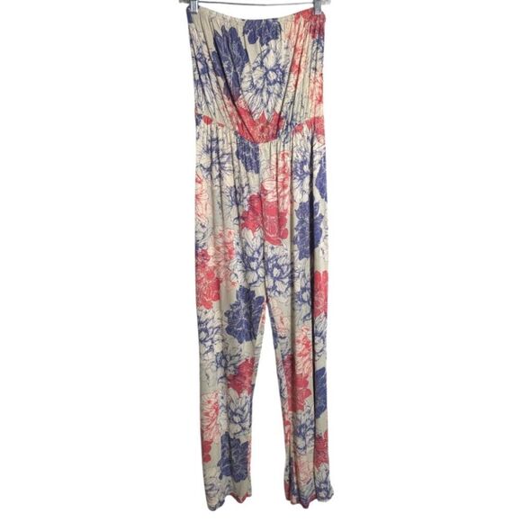 Magazine Cream Ruby Red & Blue Cotton Knit Floral Sleeveless Jumpsuit Womens M - Picture 1 of 4